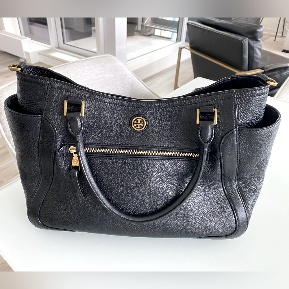 Tory Burch Black Pebbled Leather Double-Handle Crossbody Tote with Gold Hardware